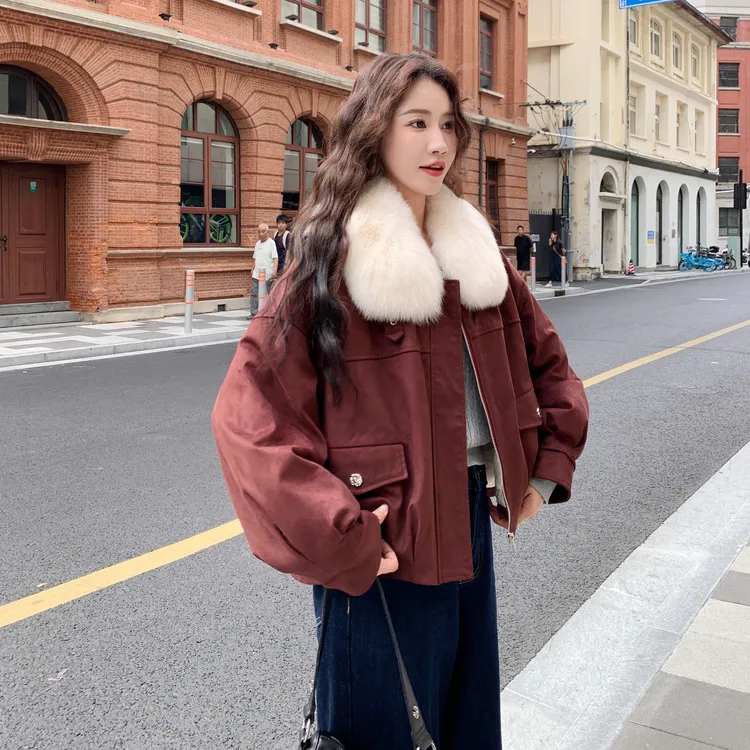 安可拉红大毛领短款羽绒服女冬季2025新款甜酷通勤风加厚工装外套