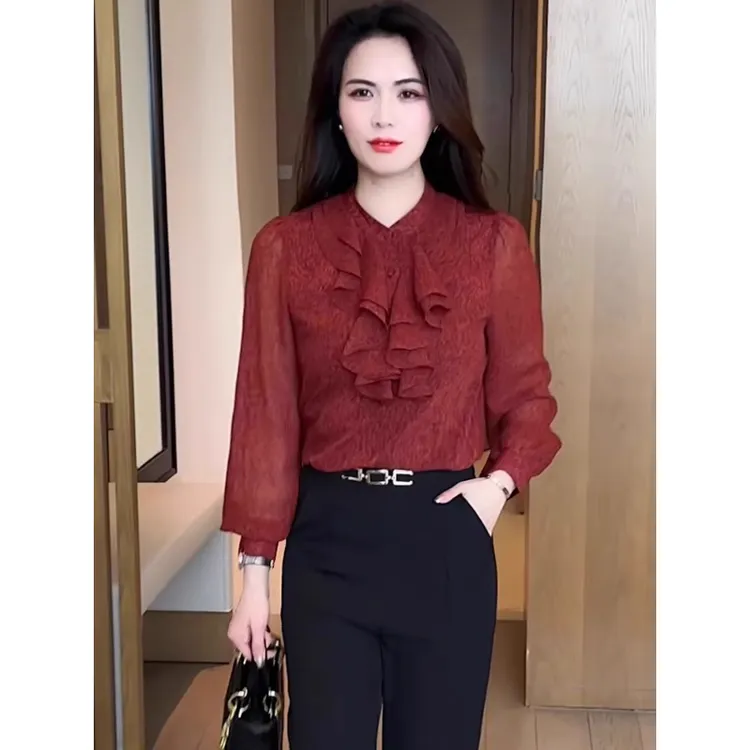 雅鹿衬衫女装2025春秋新款设计感时尚小个子显瘦雪纺气质上衣小衫