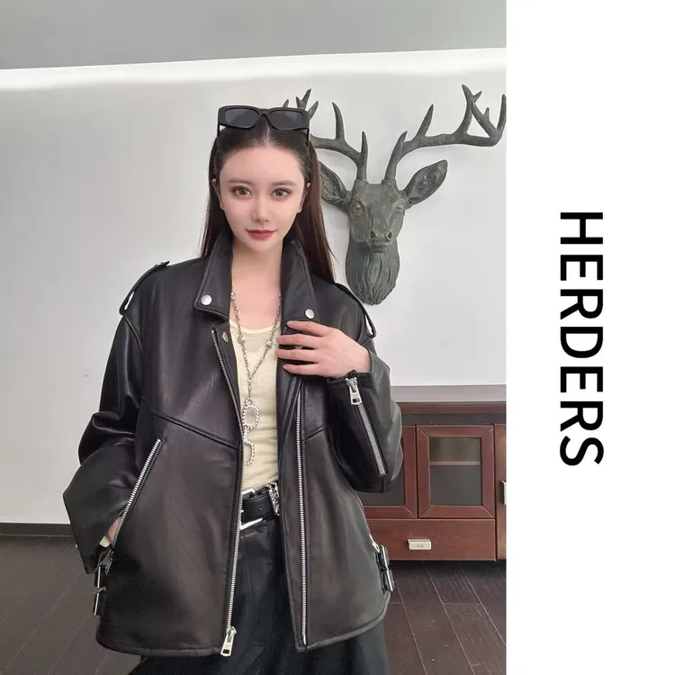 HERDERS (巴塞罗那)中长款黑色潮流女装皮衣外套 30675