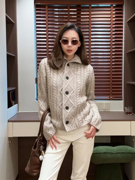 韩系小麻花翻领针织开衫女2025秋冬季新款韩系毛衣慵懒风外套开衫