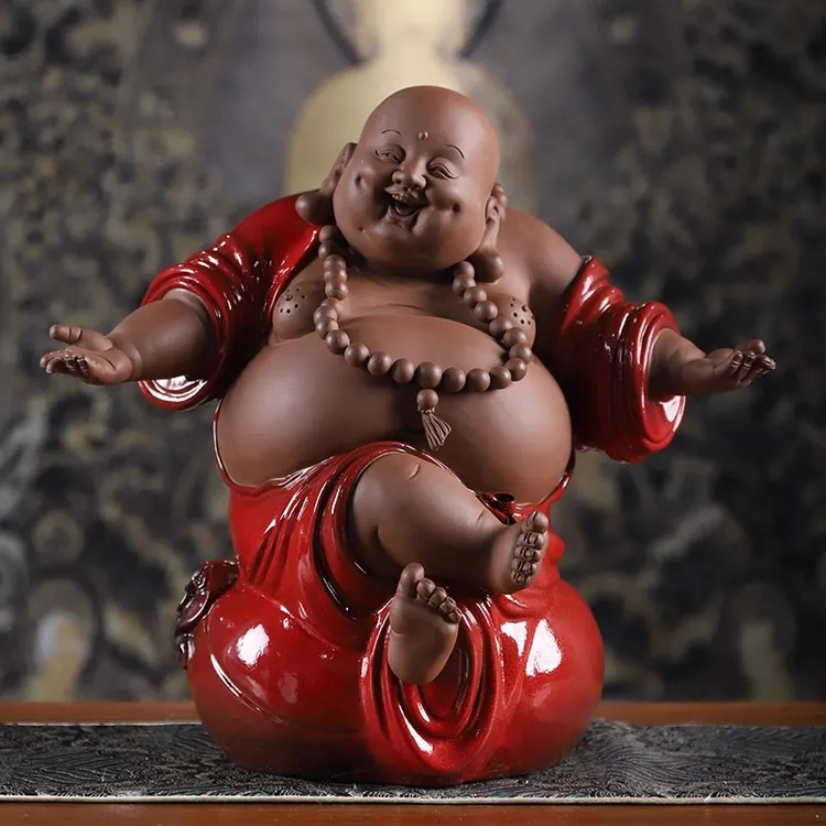 曾大师紫砂弥勒佛大肚笑佛招财客厅办公室桌面博古艺陶瓷工艺摆件