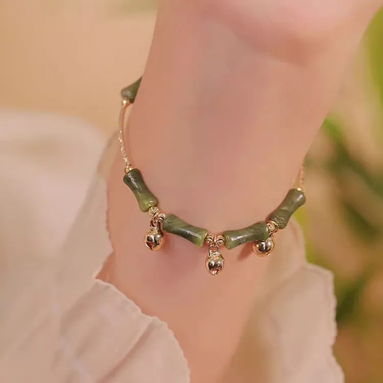 明瑜 [竹雨浓]橄榄绿竹节手链女新中式铃铛脚链小众精致礼物