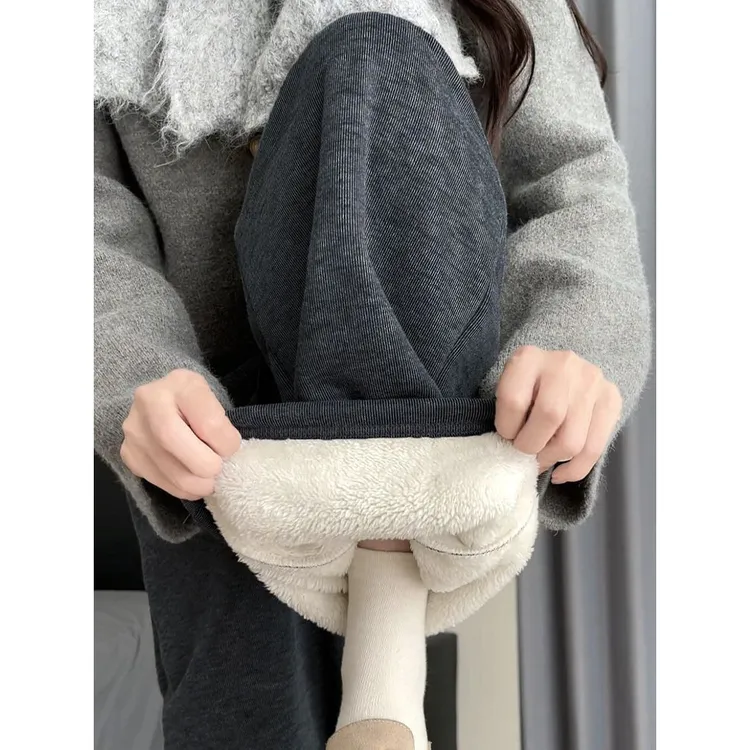 冬季慵懒风休闲大码200斤胖mm羊羔绒加厚糯米裤女韩版宽松阔腿裤
