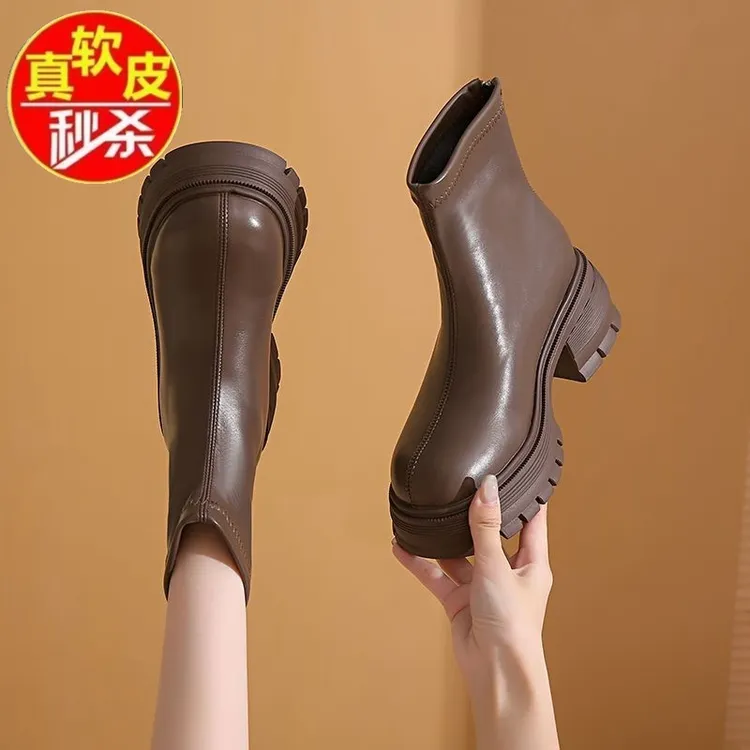 品牌断码马丁靴女真皮法式短靴2025年秋冬新款厚底韩版加绒瘦瘦靴