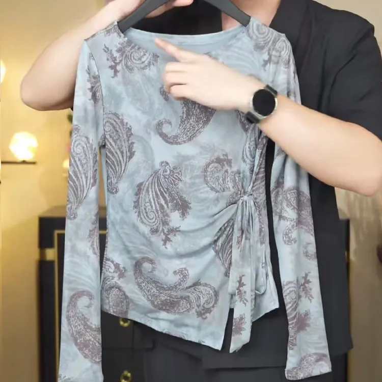 【绾梦青佩】2025秋冬腰果花蝴蝶结绑带长袖T恤女高级感打底衫上衣