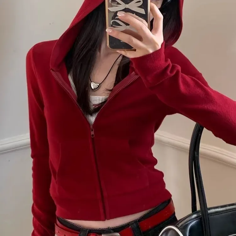 红色短款拉链连帽外套女秋冬季新款甜辣显瘦时尚别致长袖2025上衣