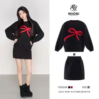 毛妮Peshe【蝴蝶结套装】宽松长袖圆领毛衣+半身裙女 2024冬L1196
