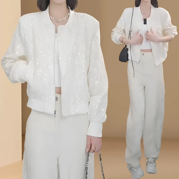 2026春秋新款韩版外套女短款肌理纹路重工刺绣提花显瘦立领百搭