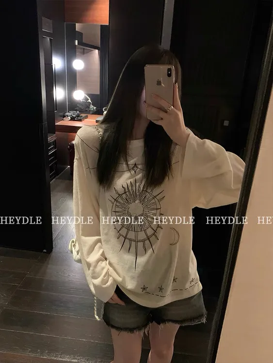 【午后遐想】慵懒宽松印花长袖t恤薄款防晒罩衫初秋上衣女#5025