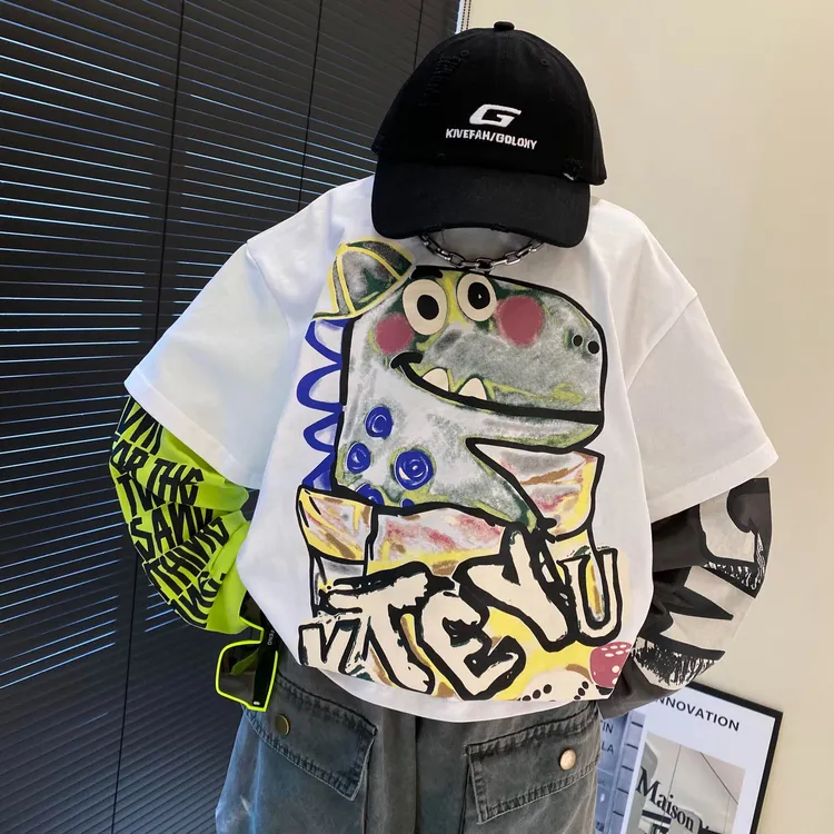 2025春秋新款儿童韩版长袖百搭拼色圆领T恤男女童个性休闲上衣潮