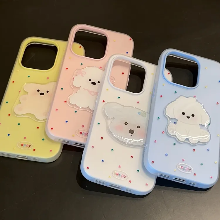 雅天立可爱波点小狗适用苹果16手机壳13promax肤感iPhone15/14套