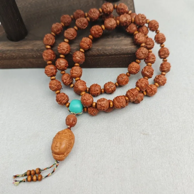 龙纹桃核雕刻双面108罗汉文玩脖挂长串佛珠核雕男女款1.1*