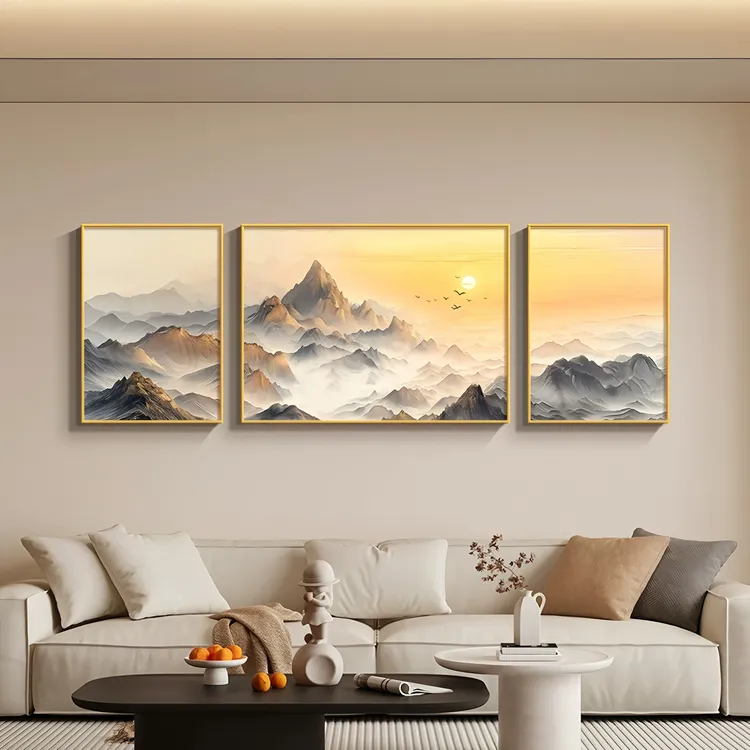 背有靠山客厅装饰画大气沙发背景墙挂画高级感日出东方金山三联画