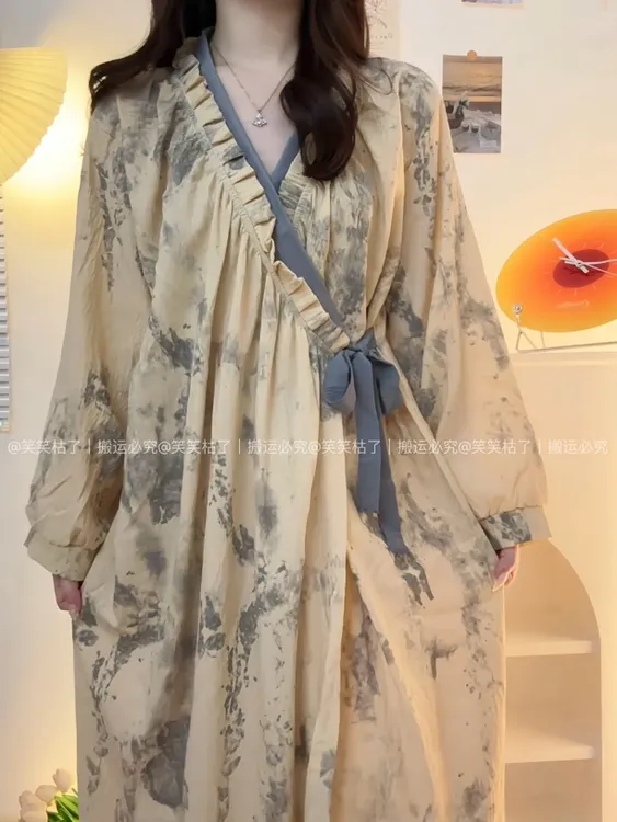 【水墨芳华】春秋新款睡袍女居家国风水墨画睡裙高级感家居服浴袍