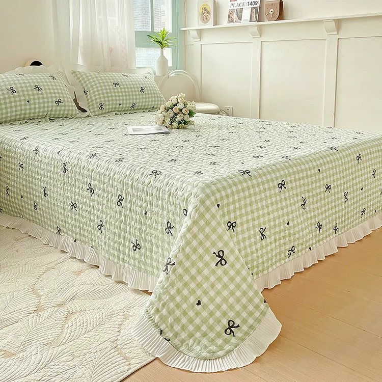 珍珠棉床盖单件榻榻米炕盖单韩式花边绗缝加厚床单三件套四季通用