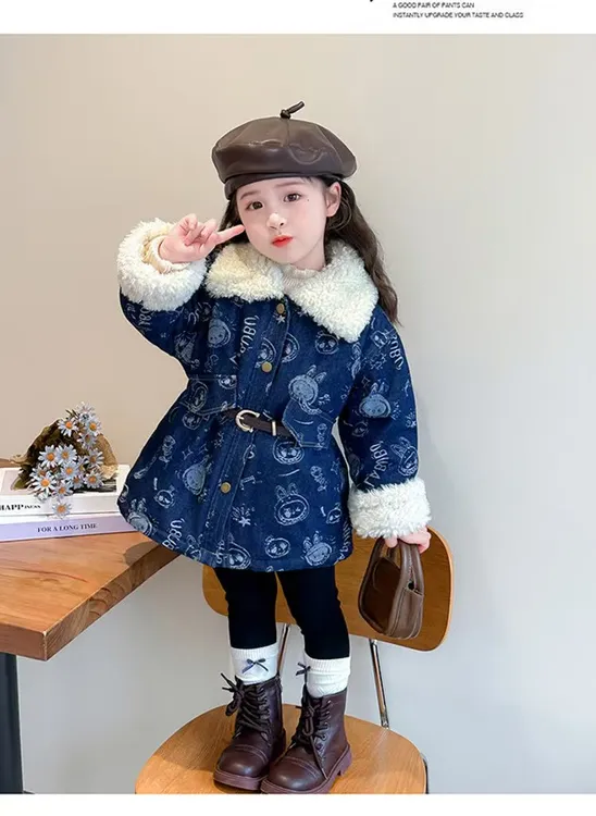 加绒秋冬儿童翻领中长款冬季牛仔外套洋气深秋女童童装韩版百搭潮