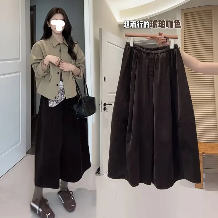 网红复古加厚灯芯绒花苞裤女秋冬阔腿宽松加绒八分裤显瘦休闲裤子