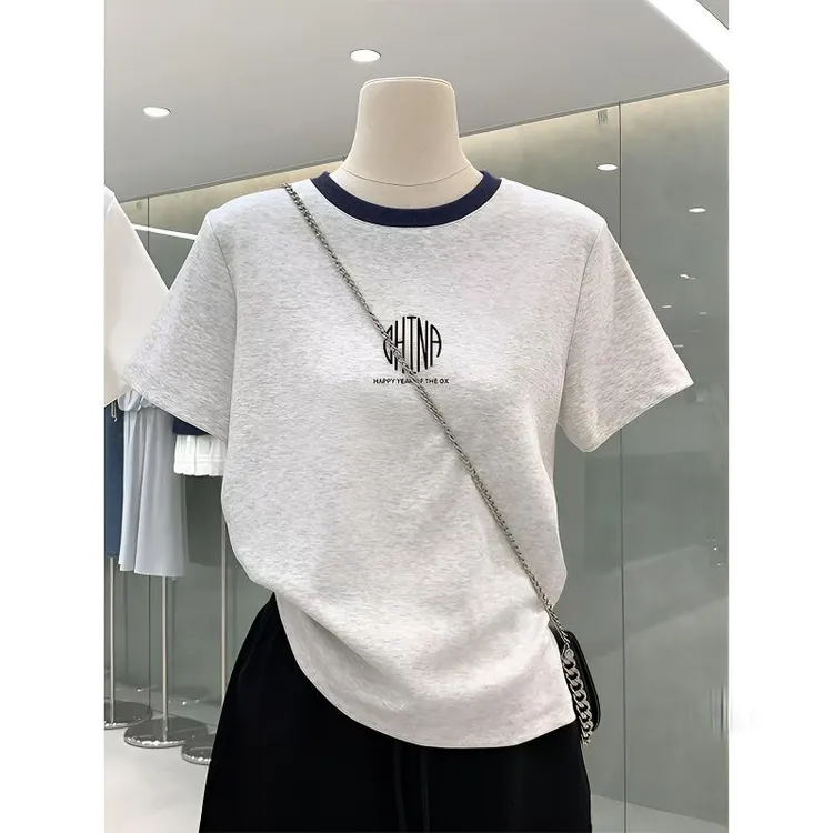 2025新款正肩领口插色短袖t恤女时尚百搭洋气显瘦休闲上衣夏季潮