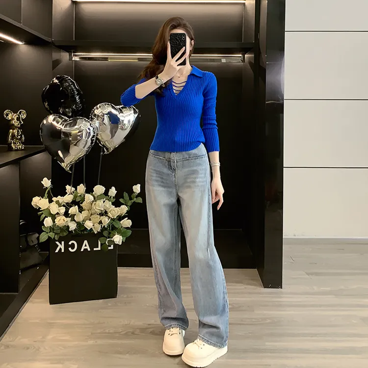 克莱因蓝针织衫法式毛衣女士上衣打底衫美式浅蓝色宽松阔腿牛仔裤
