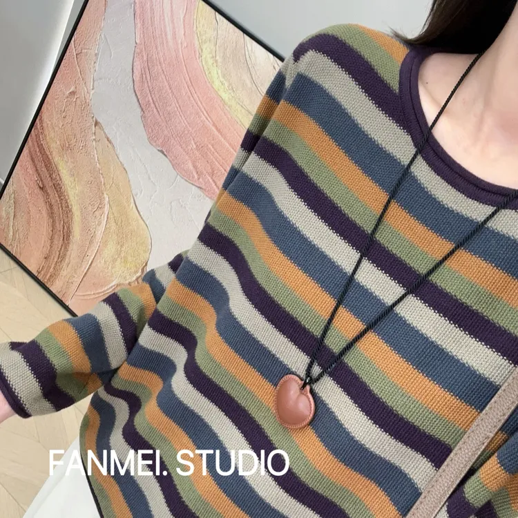 彩色条纹棉线针织衫慵懒长袖毛衣2025秋季新款女装宽松显瘦上衣