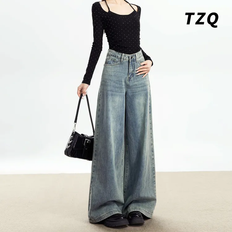 美式高腰复古牛仔裤女2025春季新款宽松显瘦垂感阔腿裤TZQ2520834