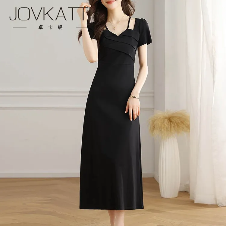 黑色连衣裙子女士2025年夏季新款今年流行爆款显瘦气质短袖中长裙