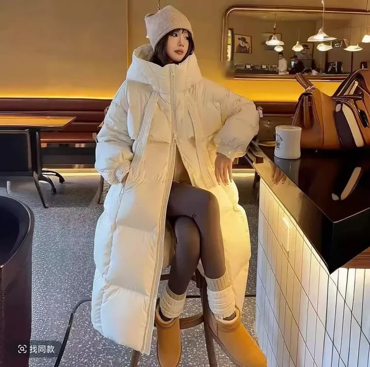 新款羽绒棉服加厚百搭长款保暖连帽飘带