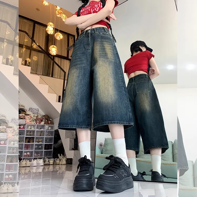 300斤大码女装美式复古蓝牛仔七分裤女夏季胖mm高腰直筒阔腿中裤