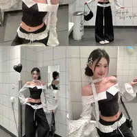 【莹莹推荐】秋季新款波点长袖一字肩女短款上衣+辣妹阔腿长裤套装