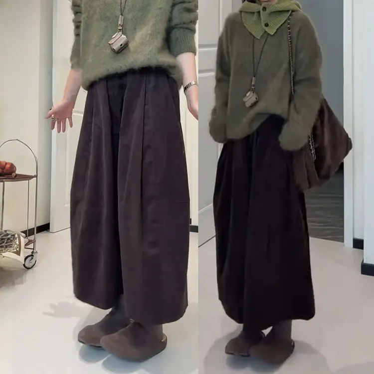 慵懒风新款灯芯绒休闲裤女秋季复古高腰百搭宽松显瘦阔腿裤八分裤