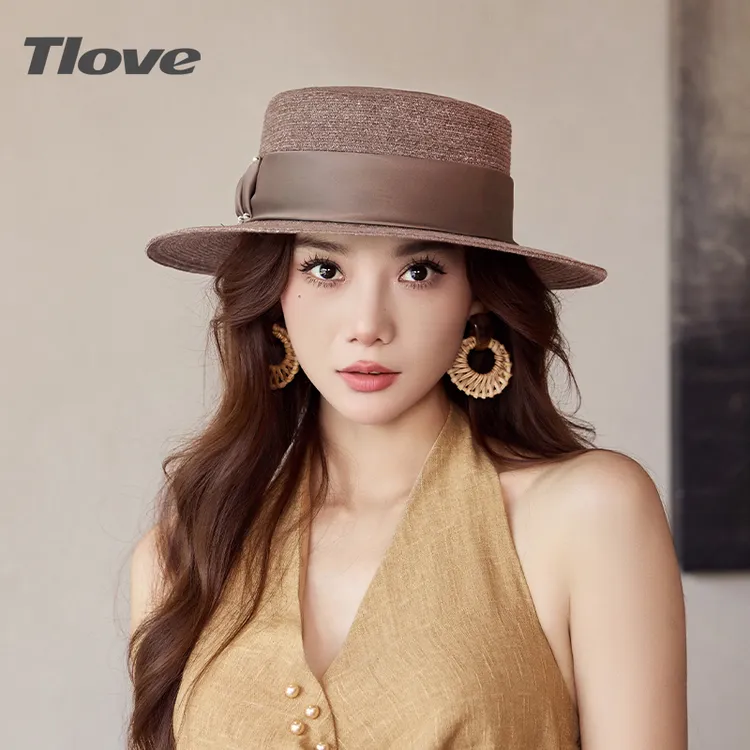4453礼帽雨露麻夏季平顶帽子优雅遮阳帽草帽沙滩帽复古