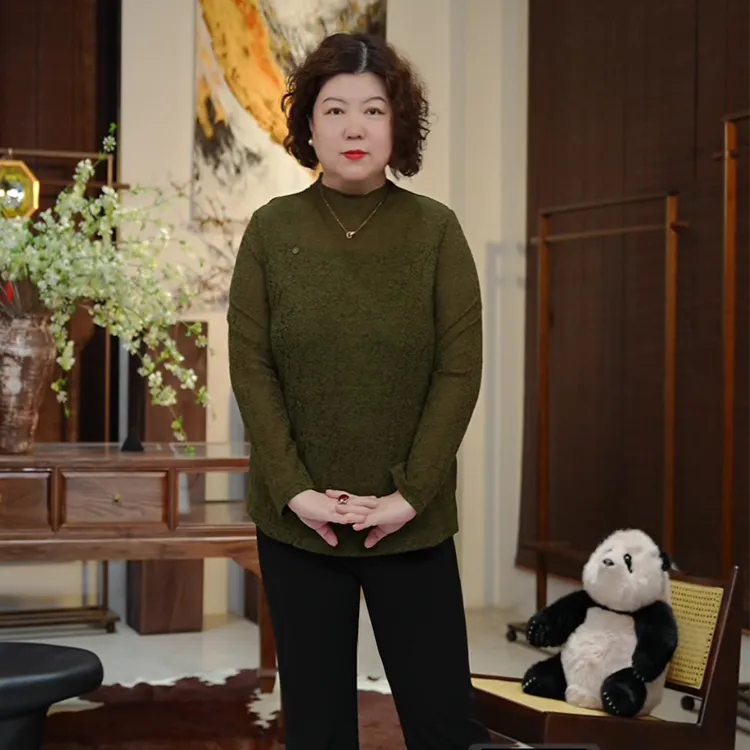 金雀绫【桑榆晚音】设计针织提花显瘦半高领加宽加大小衫SZA3SY648