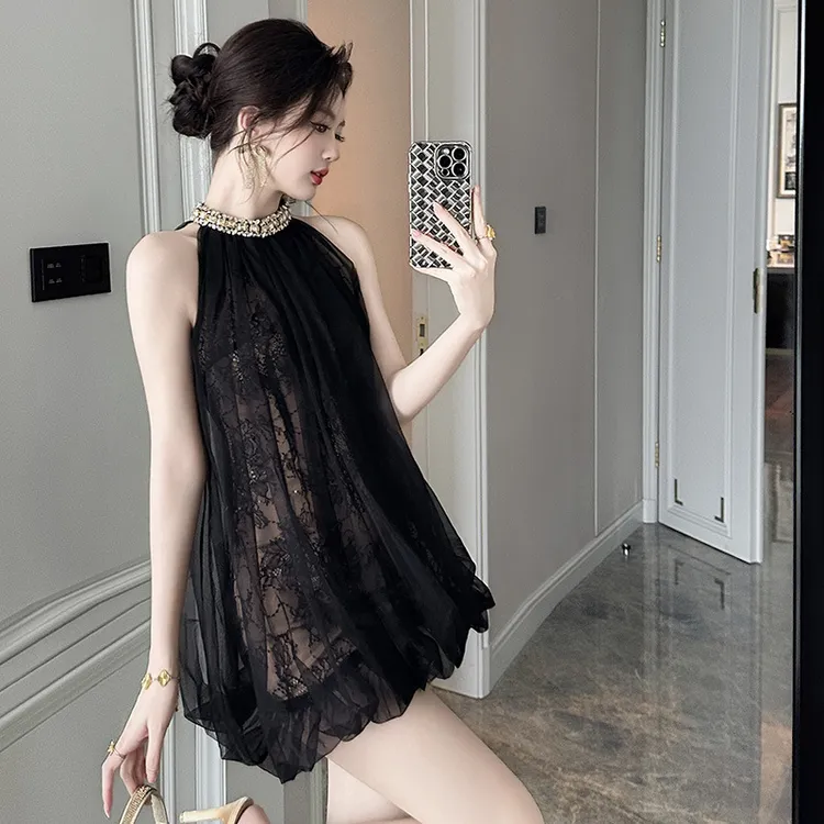 婷婷衣恋91689夏季新款时尚气质挂脖网纱蕾丝蓬蓬A字黑色连衣裙