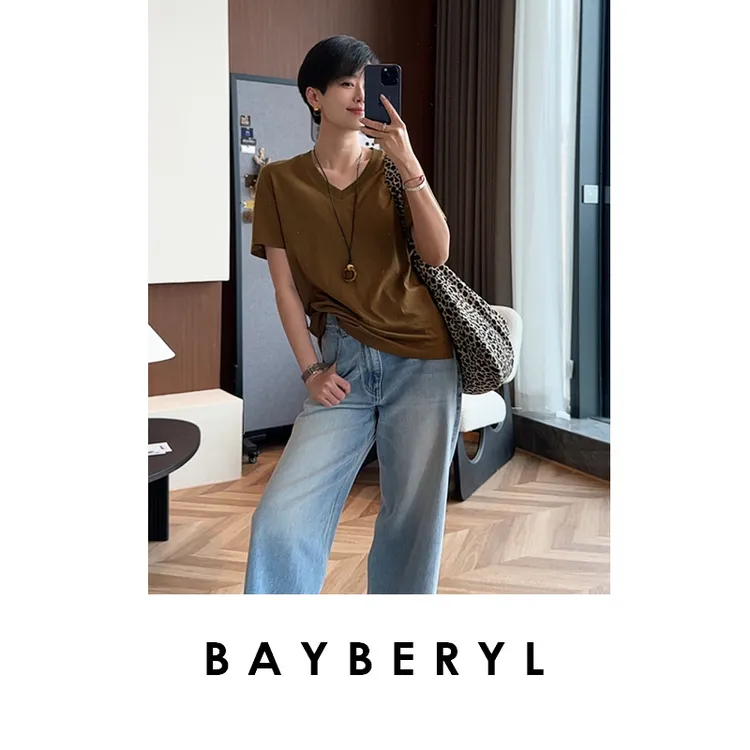 FF-BAYBERYL老贝V领灵地思*丝羊毛百搭舒适秋冬短袖T恤NT5C1724