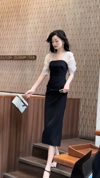 法式高级感高端精致气质高冷御姐风正式场合黑色收腰显瘦连衣裙夏