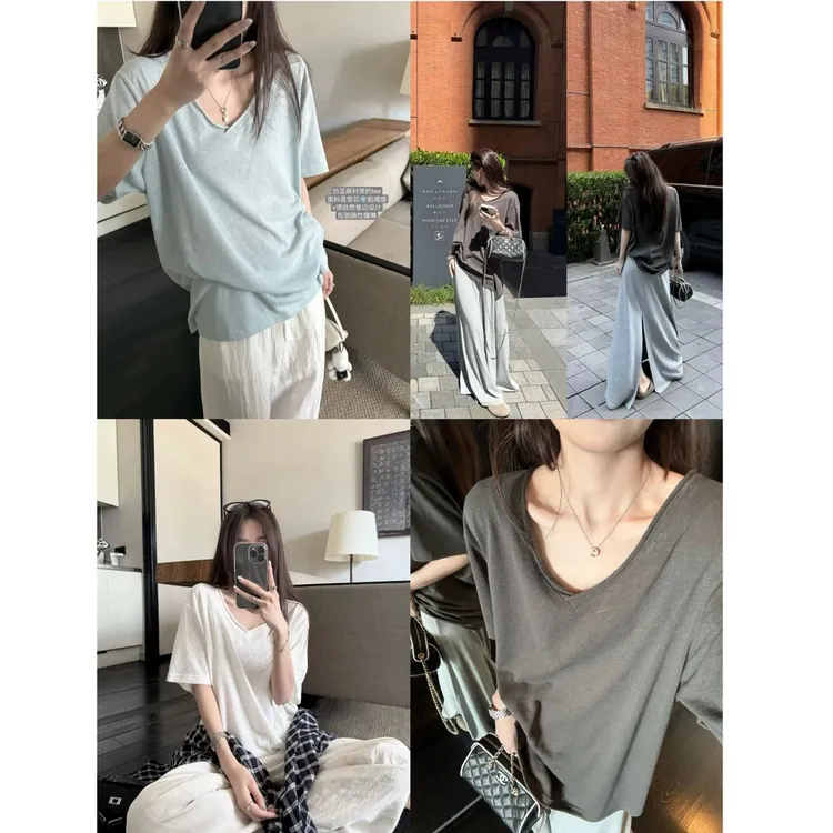 夏季休闲松弛感雪花肌理卷边V领短袖宽松慵懒T恤上衣