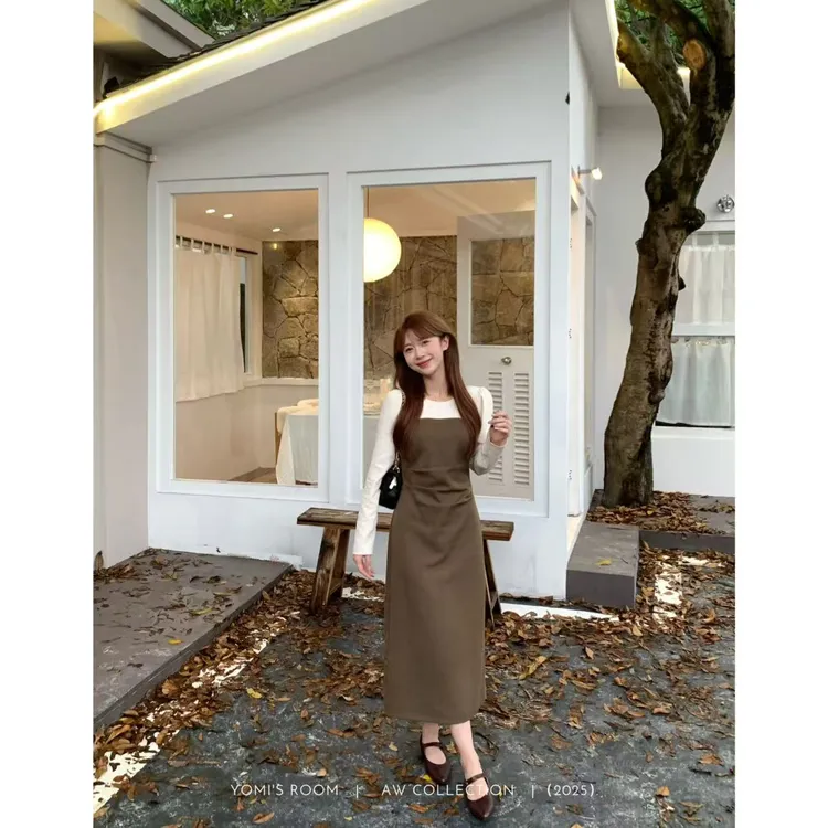 YOMI小个子【秀场美神裙】莱赛尔+亚麻拼色连衣裙温柔秋季显瘦显白