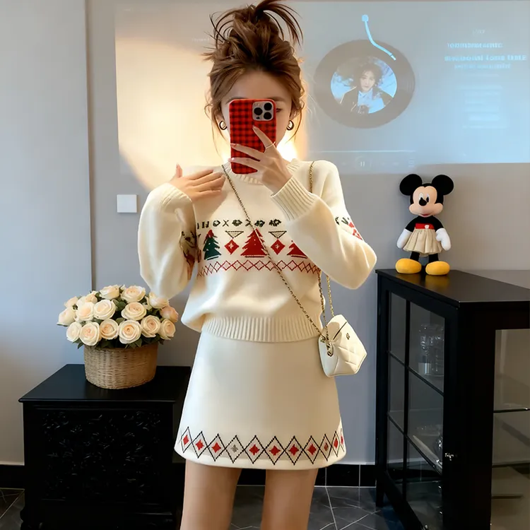 韩系圣诞风穿搭一整套女2025秋冬新款甜美印花针织衫半身裙两件套