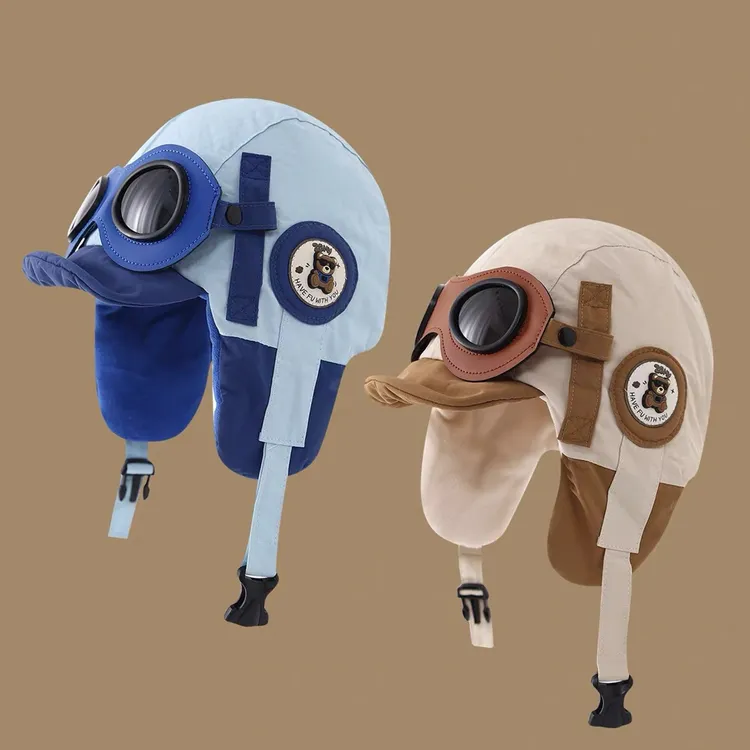 儿童冬季雷锋帽男女童防风帽子护耳镜宝宝保暖护耳卡通小熊防寒帽