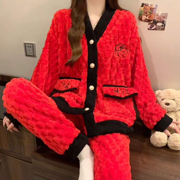 加绒加厚半边绒开衫刺绣套装睡衣女2025秋冬季新款宽松大码家居服