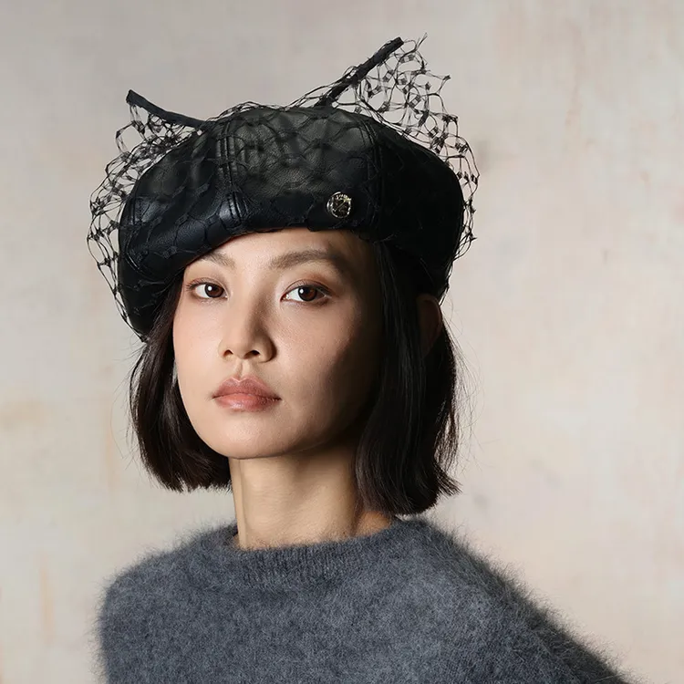 KEYONE秋季贝雷帽网纱四季时尚复古公主猫咪编织法式帽子