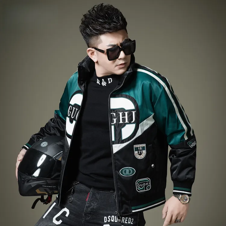 男士重工徽章刺绣羽绒服男冬季立领拼色休闲棒球服保暖外套潮牌