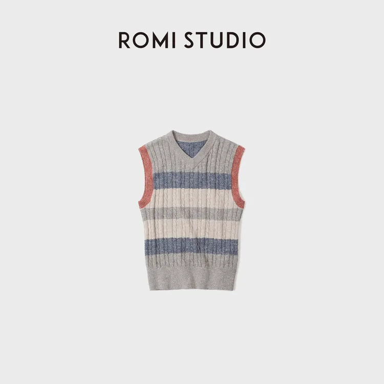 ROMI STUDIO 亚麻天丝干爽复古V领无袖条纹打底背心RWDSST2853