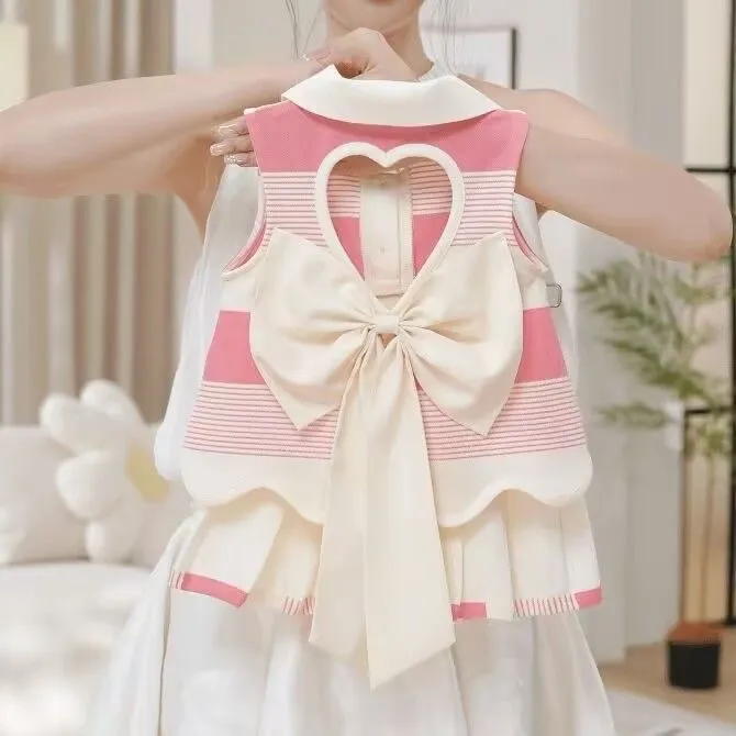 女童夏季新款套装后背蝴蝶结背心百褶短裙女宝宝洋气两件套