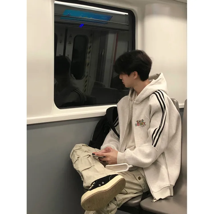 美式个性卡通动画印花开衫连帽卫衣男女秋冬三条杠休闲拉链外套