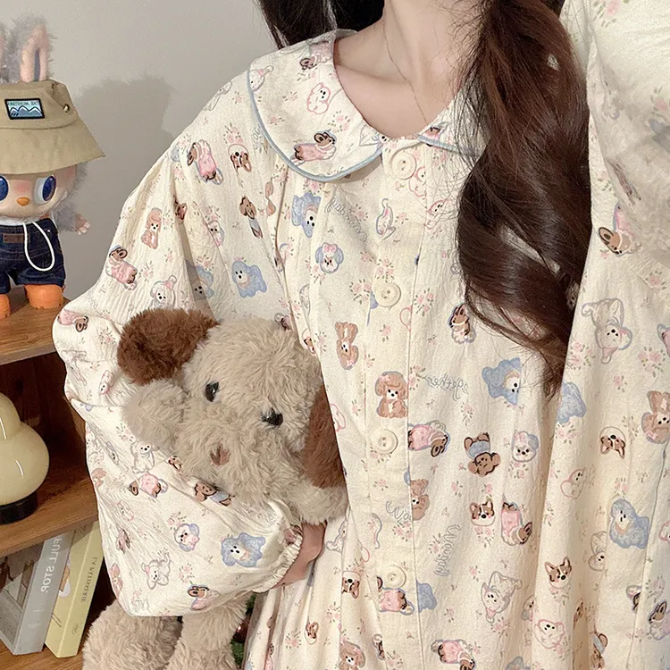 卡通甜美碎花狗狗睡衣女生春秋季长袖长裤学生宽松ins家居服套装