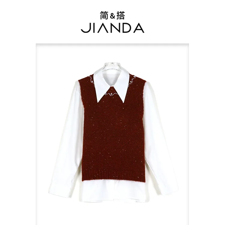 简&搭【千屿Sheila】珍珠领马夹衬衫两件套254-TZ/1218-25275