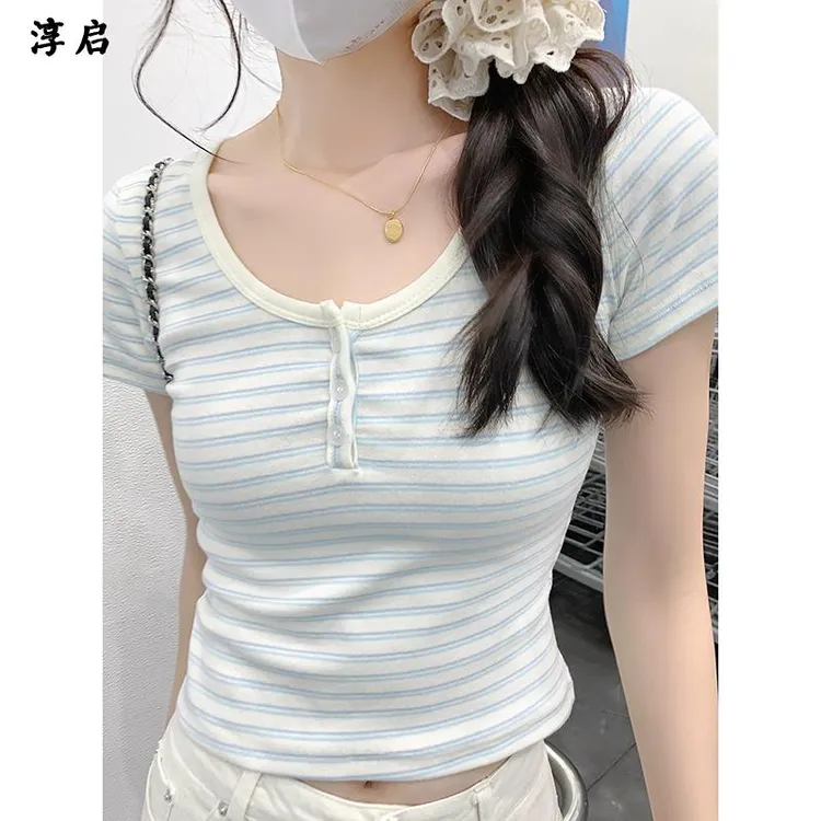 淳启时尚撞色条纹恤女元气甜妹短袖小个子韩系减龄夏潮流短款上衣