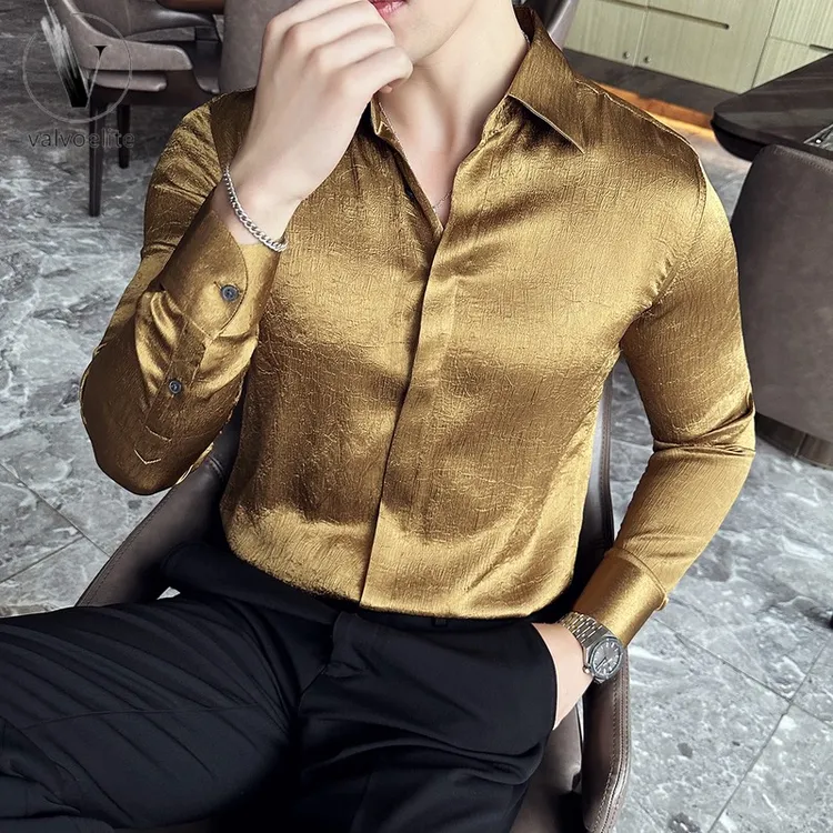 VALVOELITE高级感亮面暗扣花衬衫男士长袖小众设计商务休闲垂感抗