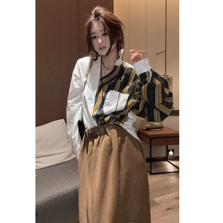 欧货杂志风2025冬季新款知性风气质拼接条纹polo领复古假两件衬衫